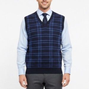 Brooks Brothers Blue Grid Pattern Extra Fine Merino V-Neck Sweater Vest Size XL
